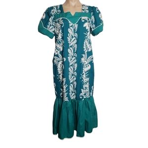Vintage Lucky You Hawaiian Dress Teal Green Made in Hawaii Aloha Size L